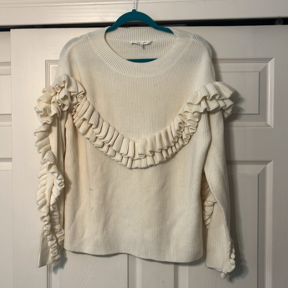 Frame Ruffle Yoke Ribbed Wool Blend Cream Knit Pullover Sweater - Picture 3 of 6